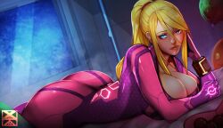 1girls alternate_color ass blonde_hair blue_eyes bodysuit bracelet breasts cleavage fat_ass female highres huge_breasts long_hair looking_at_viewer lying lying_on_stomach metroid mole mole_under_mouth neon_trim on_stomach pink_bodysuit plunging_neckline samus_aran solo tomboy xuuikie xuuikie_ashe zero_suit zero_suit_samus