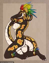 2022 adria_(adleisio) anklet anthro areola armband ball_python breasts digital_media_(artwork) female headdress hi_res jewelry kneeling nipples non-mammal_breasts nude python python_(genus) reptile scalie snake tanutanuki text url