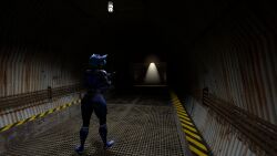 3d anthro blue_eyes blue_fur blue_hair clothed clothing female female_only furry furry_only krystal laarian penis plasma_gun sfm solo solo_female star_fox suit weapon