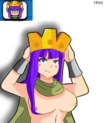 archer_queen_(clash_of_clans) big_breasts blue_eyes breasts clash_(series) clash_of_clans clash_royale cloak completely_nude completely_nude_female crast crown curvy female female_only hands_behind_head looking_at_viewer nude nude_female purple_hair scarf solo solo_female white_background