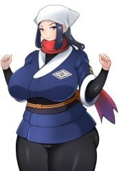 1girls 2022 akari_(pokemon) alternate_breast_size blue_eyes blue_hair breasts clothed clothed_female female female_only headscarf hips huge_breasts interspecies long_hair long_ponytail massive_breasts nintendo pokemon pokemon_legends:_arceus ponytail thick_thighs thighs wide_hips wlcmt