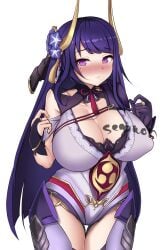 1girls big_breasts blush breasts busty cleavage curvaceous curvy genshin_impact leotard looking_at_viewer milf mole mole_under_eye pubic_hair purple_hair raiden_shogun raiden_shogun_(magatsu_mitake_narukami_no_mikoto) ras_(zzdn3588) submissive submissive_female