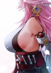 1girls armpits breast_focus breasts close-up female female_only genshin_impact highres japanese_clothes large_breasts light-skinned_female light_skin miko pink_hair sideboob yae_miko yuki_(asayuki101)