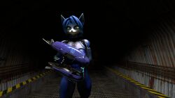 3d anthro blue_eyes blue_fur blue_hair breasts clothed clothing female female_only furry furry_only krystal laarian plasma_gun sfm solo solo_female star_fox suit weapon