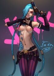 1girls arcane arcane_jinx areolae belt blue_hair breasts breasts_out casual cyan_hair female firearm flashing flashing_breasts footwear globburt handgun handwear human jinx_(league_of_legends) league_of_legends looking_at_viewer mostly_clothed nipples pale_skin presenting presenting_breasts riot_games shirt_lift shirt_up skinny skinny_girl small_breasts solo tattoo teasing thigh_gap tummy twintails weapon