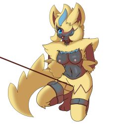 anthro ball_gag bondage bound female frogtied gag hi_res legendary_pokémon legs_tied nintendo ofdark pokémon_(species) pokemon rope solo transparent_background video_games zeraora