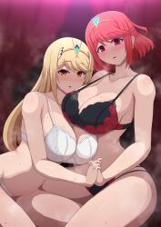 2022 2girls bangs blonde_hair blush bra breasts female female_only gold_eyes hand_holding hi_res hips huge_breasts looking_at_viewer mythra nintendo panties ponpo pyra red_eyes red_hair short_hair slim_waist steam steaming_body swept_bangs thick_thighs thighs wide_hips xenoblade_(series) xenoblade_chronicles_2