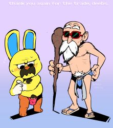 animal_crossing anthro bald beard bulge crossover dragon_ball gaston_(animal_crossing) human male male/male male_focus male_only master_roshi mature_male naughtybassard penis pubes rabbit sunglasses torquewintress