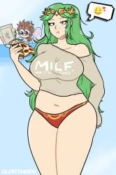 age_difference big_eyes kid_icarus kid_icarus_uprising larger_female long_green_hair milf nintendo older_female palutena pit pit_(kid_icarus) pizza red_panties silenttandem size_difference smaller_male younger_male