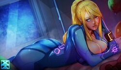 1girls ass blonde_hair blue_bodysuit blue_eyes bodysuit bracelet breasts cleavage fat_ass female highres huge_breasts long_hair looking_at_viewer lying lying_on_stomach metroid mole mole_under_mouth neon_trim on_stomach plunging_neckline samus_aran solo tomboy xuuikie xuuikie_ashe zero_suit zero_suit_samus