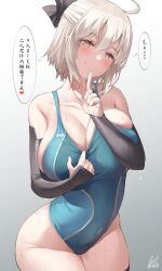 1girls 2022 ahoge blonde_hair blush bow bow_in_hair breasts cleavage competition_swimsuit fate/grand_order fate_(series) female female_only finger_to_lips gold_eyes hips huge_breasts japanese_text looking_at_viewer naughty_face okita_souji_(fate)_(all) one-piece_swimsuit short_hair slim_waist smile speech_bubble swimsuit swimsuit_pull teasing teasing_viewer text thick_thighs thighhighs thighs uo_denim wide_hips