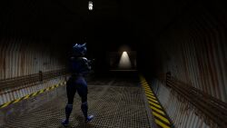 3d anthro blue_eyes blue_fur blue_hair clothed clothing duo female furry halo_(game) halo_(series) krystal laarian penis plasma_gun sangheili sfm star_fox suit weapon