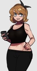 1girls belly black_legwear blonde_hair blue_eyes blush bow brown_hair derpina female female_focus female_only hair holding_object holding_phone manobece rage_comics ribbon solo solo_female solo_focus sports_bra sportswear stomach troll