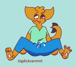 absurd_res anthro barefoot bigdickvarmint_(artist) blush blush_lines blush_stickers bodily_fluids clothed clothing cum cum_in_clothing cum_through_clothing cumshot ejaculation embarrassed erection erection_under_bottomwear erection_under_clothing feet fully_clothed genital_fluids hi_res mac_(bigdickvarmint) male pawpads sitting solo solo_focus tearing_clothing tears teary_eyes toe_curl torn_clothing wet wet_clothing