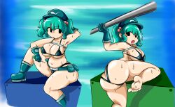 1girls anus anus_peek armpits ass big_ass big_breasts bikini blue_hair boots breasts feet gloves hat large_breasts nitori_kawashiro screwdriver sweat thighs touhou tristama_(artist)