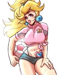 1girls belly_button big_breasts blonde_hair blue_eyes booty_shorts breasts concept_art crown earrings female_only fit_female football football_(ball) football_uniform gray_shorts hand_on_own_thigh heart hotpants light-skinned_female lipstick looking_at_viewer mario_(series) mario_strikers mickeyn163 midriff midriff_baring_shirt minishorts navel nintendo pearl_earrings pink_clothing pink_shirt ponytail posing princess princess_peach short_shorts shorts soccer soccer_ball soccer_uniform sportswear thick_thighs thighs tied_shirt visible_underwear