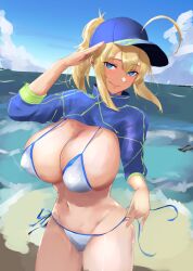 1girls 2022 ahoge artoria_pendragon aya_(user_ddya7452) aya_roushi beach bikini blue_eyes blue_sky blush breasts cropped_jacket fate/grand_order fate_(series) female female_only hat hips huge_breasts jacket long_hair looking_at_viewer mysterious_heroine_xx_(foreigner) outdoors ponytail salute sand side-tie_bikini slim_waist smile thick_thighs thighs water white_bikini wide_hips