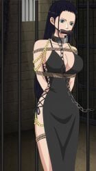 bondage bossbb41 captured chains cleavage collar did dress female female_only gag gagged kidnapped leash leash_and_collar leash_pull long_dress mouth_gag nico_robin night_dress no_bra no_panties one_piece public slave slavegirl tied_up