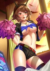 1girls big_breasts brown_hair cheering cheerleader curvy curvy_body curvy_female curvy_figure female_focus female_only fit fit_female jacket kantai_collection legwear mutsu_(kantai_collection) necklace shibata_rai short_hair shorts slim slim_waist thick_thighs thighs