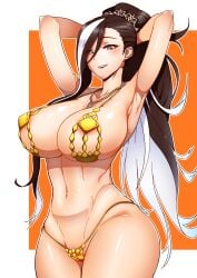 1girls alternate_costume areola_slip areolae armpits arms_up bam.g bangs bikini brown_eyes brown_hair curvy deconstructor_azaz deconstructor_azaz_(muscle-mania_bikini) female gold_bikini golden_bikini highres huge_breasts last_origin light-skinned_female light_skin long_hair looking_at_viewer multicolored_hair navel navel_piercing official_alternate_costume piercing smile solo two_tone_hair white_hair