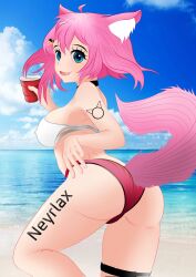 anime_onegai ass beach bikini blue_eyes cat_ears cat_tail catgirl clouds dengeki_onegai female female_only latam_virtual_youtuber looking_at_viewer looking_back neyrlax nyami_g ocean pink_hair short_hair smile tattoo thong virtual_youtuber