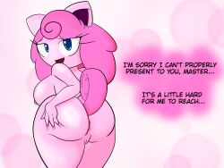 4_fingers anthro anus ass big_breasts big_butt blue_eyes bodily_fluids breasts cung curled_hair curled_tail dialogue eyelashes female fingers fur genital_fluids genitals hair hi_res humanoid jigglypuff looking_at_viewer master mentioned_master mitzi_mynch nintendo nipples nude pattern_background pink_body pink_fur pink_hair pokemon pokemon_(species) presenting pussy pussy_juice raised_tail shortstack simple_background solo sparkling_eyes spreading talking_to_viewer text thick_thighs video_games wide_hips