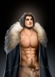 1boy 2021 abs beard blue_eyes brown_hair cape castlevania castlevania_(netflix) chest_scar eye_scar kadel male male_only nipples penis penis_peek pubic_hair scar scar_across_eye six_pack solo_male trevor_belmont