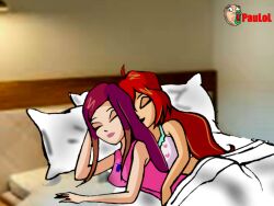 2girls babydoll bed bloom_(winx_club) female_only hand_on_pussy human long_hair multiple_girls night paulol pillow pink_hair red_hair roxy_(winx_club) sleep sleeping winx_club yuri