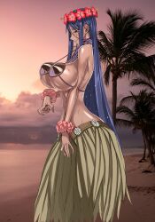 bikini bikini_top_only blue_eyes blue_hair blush breasts choker dark-skinned_female dark_skin embarrassed female flower from_side hair_between_eyes hair_flower hair_ornament head_wreath highres honjou_raita jewelry leaf_skirt long_hair mahou_shoujo_(raita) navel necklace palm_tree pearl_necklace perky_breasts photo_background pointy_breasts purple_choker red_flower scrunchie solo standing suzuhara_misae swimsuit tan tree very_long_hair wrist_scrunchie