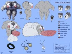 2022 abs absurd_res anthro ass back_muscles balls biceps big_balls big_biceps big_butt big_muscles big_nipples big_pecs big_penis biped body_hair canid canine canis capra_goofus chest_hair chest_tuft colored compression_tools deus_schnauwitzer digital_drawing_(artwork) digital_media_(artwork) domestic_dog english_text erection expression_sheet front_view fur genitals grey_body grey_fur hair hi_res huge_balls huge_biceps huge_cock huge_muscles huge_nipples huge_pecs hyper hyper_balls hyper_genitalia hyper_muscles hyper_pecs hyper_penis jewelry male mammal model_sheet muscular muscular_anthro muscular_male muscular_penis necklace nipple_piercing nipples nude open_mouth pawpads paws pecs penis piercing rear_view schnauzer side_view signature simple_background smile solo standing text tuft vein veiny_penis white_body white_fur