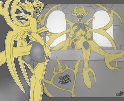 anthro armor ass big_breasts canastus dark_skin golden_eyes heart-shaped_tail high_heels lipstick pandora's_tower pinup sitting sketch spikes standing tagme tail wings zeron