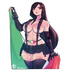 1girls big_breasts breasts brown_hair cleavage eymbee female final_fantasy final_fantasy_vii final_fantasy_vii_remake italian_flag italian_senate_hack long_hair meme miniskirt no_shirt pinup pinup_pose red_eyes smile solo suspenders tagme thick_thighs thighhighs tifa_lockhart topless