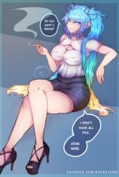 arms big_breasts blonde_hair blue_eyes blue_hair cigarette cleavage comic green_hair high_heels league_of_legends light-skinned_female light_skin long_hair multicolored_hair pencil_skirt raynst0rm secretary secretary_outfit smoke smoking sona_buvelle speech_bubble thighs twintails work