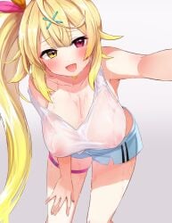 :d bangs bare_arms bare_shoulders bent_over blonde_hair blue_shorts blush breasts cleavage collarbone eyebrows_visible_through_hair feet_out_of_frame female festa11307070 fully_clothed gradient gradient_background hair_ornament hanging_breasts heterochromia hoshikawa_sara large_breasts long_hair looking_at_viewer nijisanji nipples no_bra open_mouth outstretched_arm red_eyes selfie shirt short_shorts shorts side_ponytail sidelocks skindentation sleeveless sleeveless_shirt smile solo standing thigh_strap very_long_hair virtual_youtuber white_background white_shirt x_hair_ornament yellow_eyes