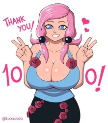 1girls big_breasts blue_eyes blue_shirt boobs breast_focus breasts cleavage english english_text female female_focus female_only flowers hearts huge_breasts human jojo's_bizarre_adventure jojolion light-skinned_female light_skin long_hair luckyshazo milestone_celebration open_clothes pink_hair shounen_jump simple_background skirt smile smiling smiling_at_viewer solo solo_female solo_focus text thank_you white_background yasuho_hirose