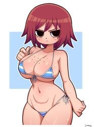 1girls big_breasts bikini breasts eye_contact female freckles kim_pine looking_at_viewer micro_bikini red_hair scott_pilgrim shiny_skin short_hair simmsy simple_background solo standing thick_thighs thighs wide_hips