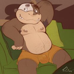 1:1 abstract_background anthro armpit_hair balls_outline belly belly_hair body_hair boxer_briefs brown_body bulge chest_hair clothed clothing dark_hair detailed_bulge furniture genital_outline hairy half_naked head_tuft hi_res koopa koopaling legs looking_away lounging male male_only mario_(series) morton_koopa_jr. navel nintendo nipples orange_clothing orange_underwear overweight penis_outline pillow raised_arm relaxing reptile scales scalie scruffy shy signature sitting slightly_chubby smaller_version_at_source smile sofa solo solo_male spooky_dune spread spreading tan_body tan_scales tan_skin teeth thick_arms topless tuft turtle underwear underwear_only video_games