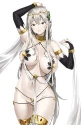 1girls absurdres areola_slip areolae bare_shoulders black_eyes blush breasts cheeky circlet cleavage cute dancer echidna_(re:zero) female hair_ornament highres huge_breasts jewelry large_breasts long_hair looking_at_viewer navel pale pale-skinned_female pale_skin pixel_(yuxian) re:zero_kara_hajimeru_isekai_seikatsu silver_hair smile solo standing white_hair