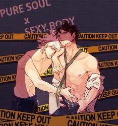 2boys caution_tape danganronpa danganronpa_2:_goodbye_despair hinata_hajime jiaiimu looking_at_viewer male male_only muscular nagito_komaeda pose shirtless smooth_skin straight_hair topless