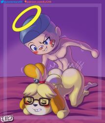 2022 animal_crossing animal_crossing_boy anthro ass bed bedroom biting_lip blue_eyes blush canine closed_eyes commission digital_media_(artwork) doggy_style fur furry glasses grey_hair halo human isabelle_(animal_crossing) jackintaro jingle_bell nintendo sex villager_(animal_crossing) yellow_body yellow_fur