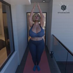 1girls 3d bbw big_breasts blonde_hair breasts cleavage dc dc_comics female female_only huge_breasts injustice_2 kara_zor-el karen_starr large_breasts power_girl residentbuzzard solo supergirl thick thick_thighs workout workout_clothing yoga yoga_pants