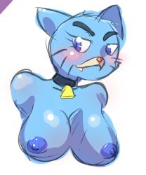 anthro areola argoth bell blue_eyes blue_fur blush breasts bust_portrait cartoon_network collar domestic_cat feline feline female fur looking_at_viewer mammal mature_female nicole_watterson nipples nude portrait simple_background sketch solo the_amazing_world_of_gumball whiskers