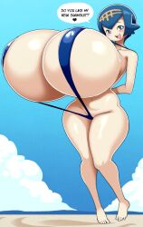 1girls alternate_breast_size angstrom beach big_ass big_breasts bikini blue_eyes blue_hair breasts breasts_bigger_than_head cleavage clothed clothing female female_focus female_only gigantic_breasts glistening_breasts huge_breasts human human_only hyper hyper_breasts inner_sideboob lana_(pokemon) massive_breasts micro_bikini mob_face nintendo pokemon pokemon_sm shiny_breasts short_hair sideass sideboob skimpy sling_bikini small_bikini solo solo_female speech_bubble standing swimsuit swimwear text thick_thighs thighs top_heavy voluptuous wide_hips