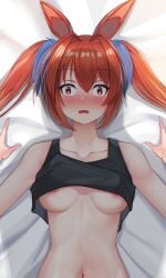 animal_ears areola_slip areolae bangs bare_shoulders bed_sheet black_shirt blush breasts brown_hair collarbone commentary_request daiwa_scarlet_(umamusume) eyebrows_visible_through_hair female female hair_between_eyes hair_intakes hair_ornament highres horse_ears horse_girl long_hair looking_at_viewer lying marc09 medium_breasts navel no_bra nose_blush oerba_yun_fang on_back open_mouth pov pov_hands red_eyes shadow shirt sidelocks skin_fang sleeveless sleeveless_shirt solo_focus stomach tied_hair twintails umamusume underboob upper_body very_long_hair