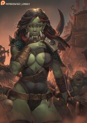 1girls areolae athletic_female belt black_leotard bracers cleavage female female_focus leotard long_nails male orc orc_female orc_male ork pauldrons scars sgt_lonely two_tone_hair warhammer_(franchise) warhammer_40k weapon yellow_eyes yellow_sclera