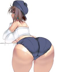 ass_focus big_ass big_breasts booty_shorts brown_hair earrings elbow_gloves female female_only gloves hat huge_ass looking_at_viewer looking_back masao original plump rear_view short_hair slightly_chubby smile solo tan_skin tanline tanlines thick_thighs tubetop underboob white_gloves