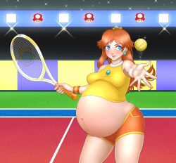 1girls absurdres breasts female female_only highres huge_belly kristiadder linea_nigra mario_(series) mario_tennis nintendo non-nude pregnant princess_daisy ready_to_pop solo stretch_marks veiny_belly