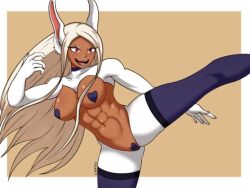 1girls abs big_breasts bunny_ears bunny_girl dark-skinned_female dark_skin edgykryptex female female_focus female_only kick kicking leg_up miruko muscular muscular_female my_hero_academia pasties red_eyes revealing_clothes rumi_usagiyama simple_background thick thick_thighs white_hair