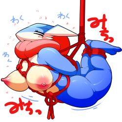 1:1 anthro anthrofied arms_tied blush bound closed_eyes erect_nipples female geiru_mirua greninja hands_behind_back hi_res legs_tied nintendo nipples nude pokémon_(species) pokemon pokemon_(species) rope rope_bondage rope_harness simple_background solo suspended_in_midair video_games white_background