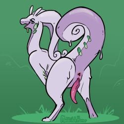 2022 anthro anthrofied anus ass bent_over biped curled_tail digital_media_(artwork) digitigrade genitals goodra green_background green_eyes looking_at_viewer looking_back looking_back_at_viewer male male_only melthecannibal nintendo open_mouth open_smile penis pink_body pokémon_(species) pokemon pokemon_(species) presenting presenting_anus presenting_hindquarters purple_body raised_tail simple_background smile solo tail tapering_penis video_games